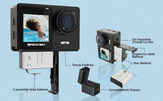 Apexcam X80 Action Camera 4K Ultra HD Underwater with Touch Screen 2" and Wi-Fi Black