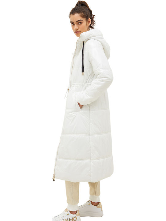 Women's Long Puffer Jacket for Winter with Hood Light Ivory