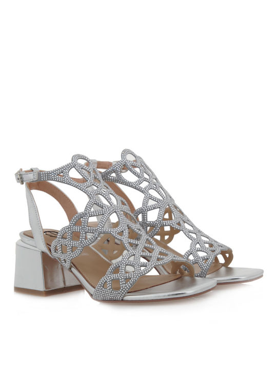 Exe Women's Sandals with Strass Silver with Chunky Medium Heel