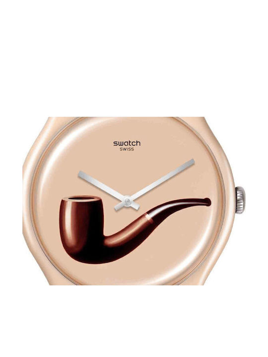 Swatch La Trahison Des Images By Rene Magritte Γυναικείο Ρολόι 41mm Μπαταρίας με Ροζ Χρυσό Καουτσούκ Λουράκι