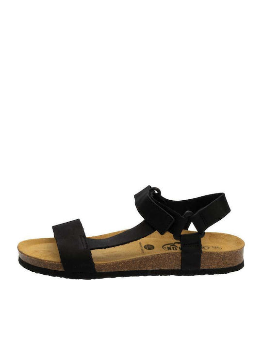Leather Women's Flat Sandals with Strap in Black Color
