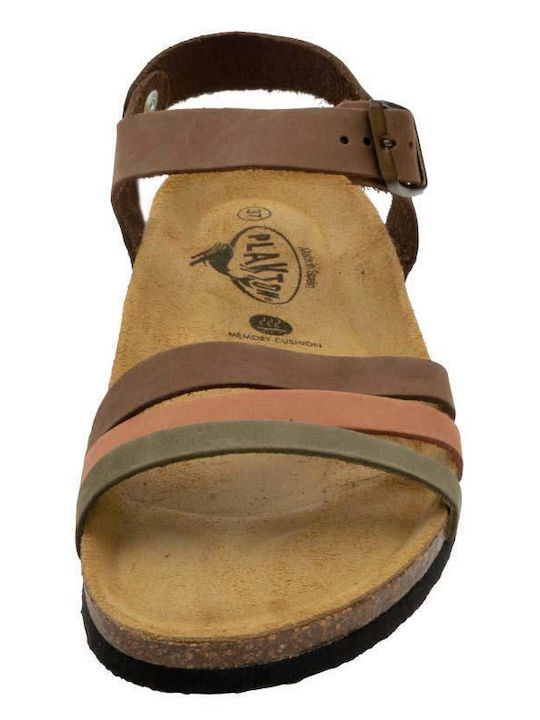 Leather Women's Sandals with Ankle Strap Khaki/Brown/Pink