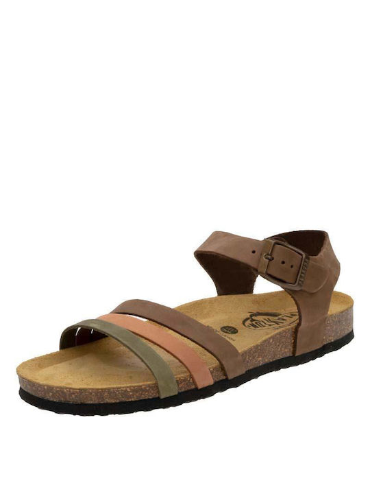 Plakton Leather Women's Sandals with Ankle Strap Khaki/Brown/Pink