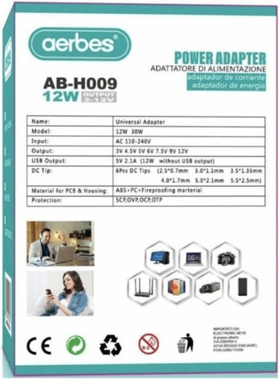Aerbes AB-H009 Universal Τροφοδοτικό Ρυθμιζόμενης Τάσης 3 έως 12V με Ισχύ 12W με 6 βύσματα