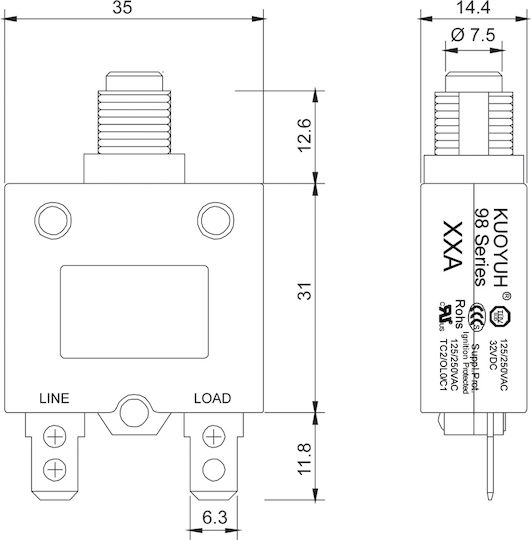 KUO On-Off switch Thermal 25A 1pcs