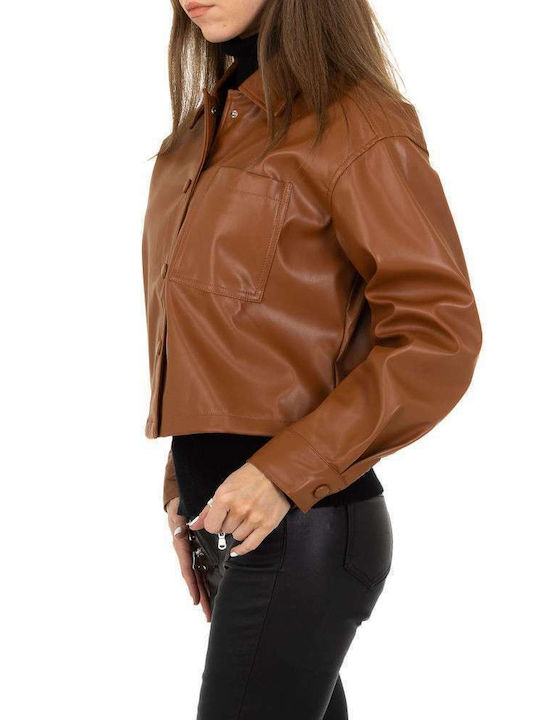 Shk Paris KL-B-136 Women's Short Puffer Artificial Leather Jacket for Winter Brown