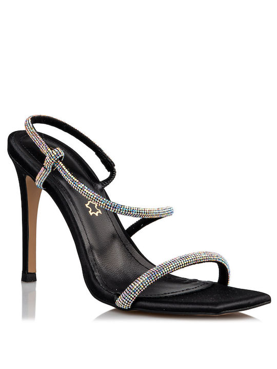 Envie Shoes Fabric Women's Sandals with Strass Black with Thin High Heel