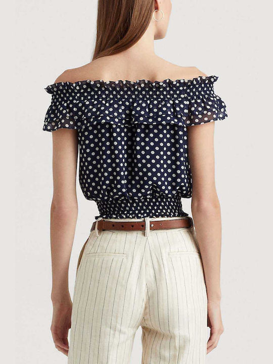 Ralph Lauren Women's Summer Crop Top Off-Shoulder Short Sleeve Polka Dot Navy Blue