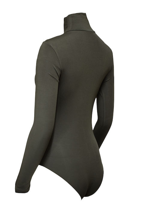 Lingerie Long Sleeve Turtleneck Bodysuit Khaki
