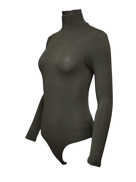 Lingerie Long Sleeve Turtleneck Bodysuit Khaki
