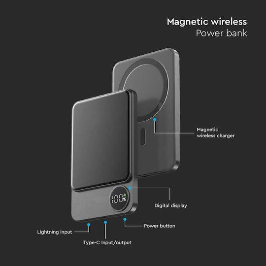 V-TAC MagSafe Power Bank 5000mAh 20W με Θύρα USB-C Σκούρο Γκρι