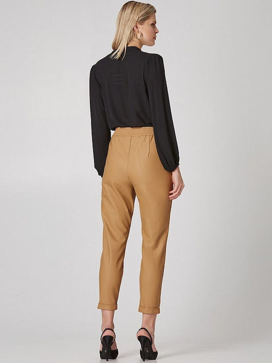 Lynne Women's High-waisted Leather Trousers in Baggy Line Tabac Brownc Brown