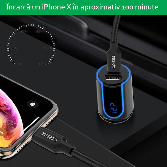 Yesido Y32 Car Charger 18W 3A With Ports 1xUSB-A 1xType-C Black Colour