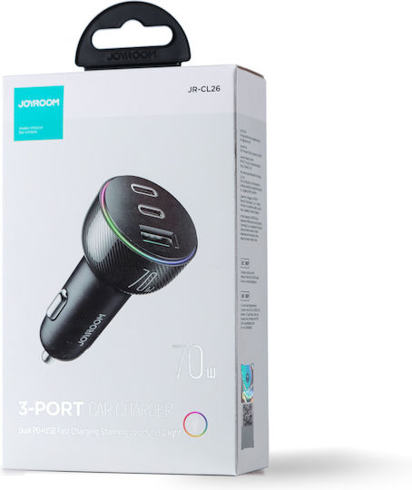 Joyroom JR-CL26 Φορτιστής Αυτοκινήτου 70W με Θύρες: 1xUSB 2xType-C Μαύρο Χρώμα