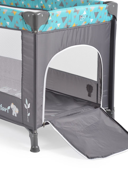 Moni Safari Playpen with Mattress Grey-Turquoise 125x65cm