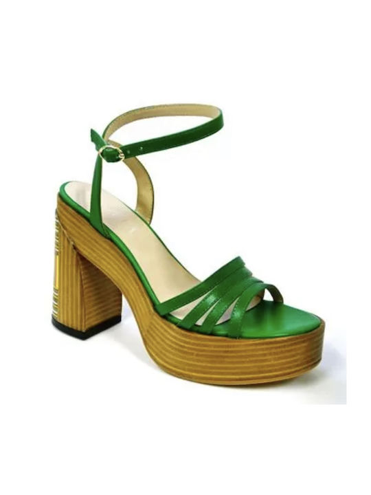 Favela Platform Leather Women's Sandals with Ankle Strap Positano green with Chunky High Heel