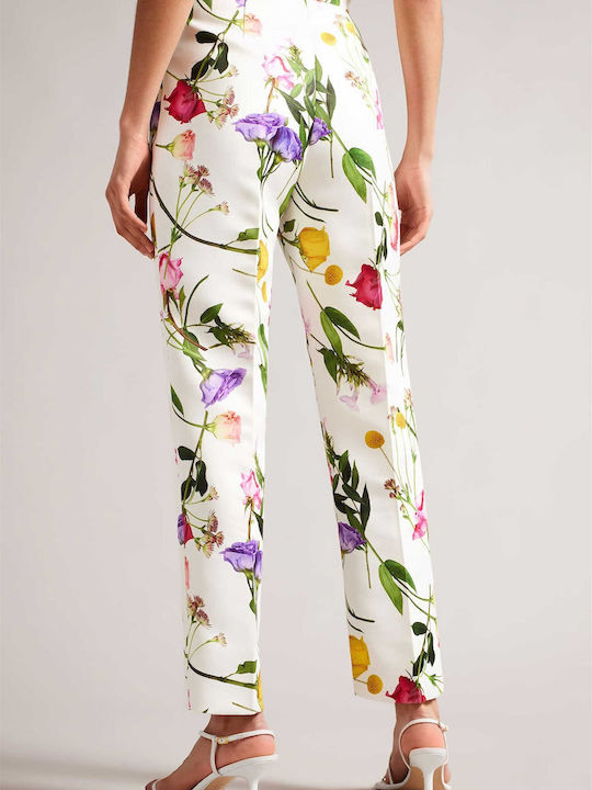 Women's Fabric Trousers Straight Line Floral White