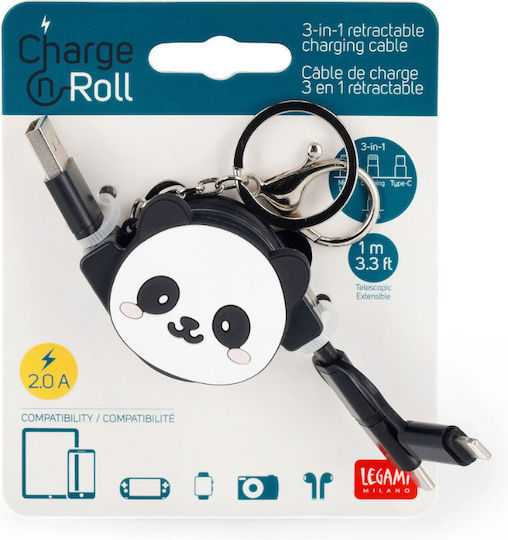 Legami Milano Charge 'N Roll - Panda Retractable USB to Lightning / Type-C 1m Cable Multicolour (TRC0001)