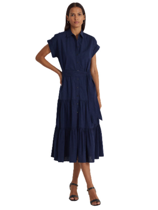 Ralph Lauren Vilma Καλοκαιρινό Midi Σεμιζιέ Φόρεμα Navy Μπλε