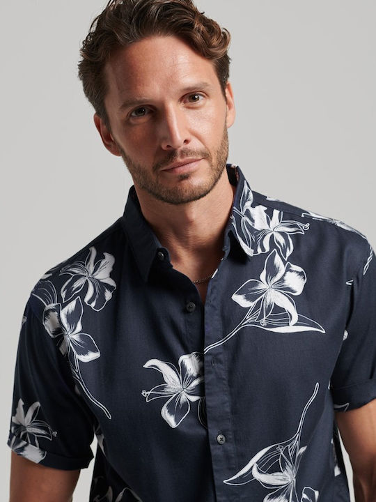 Hawaiian Hibiscus Short-sleeved Shirt Floral Navy Blue