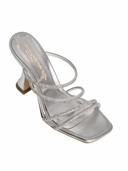 Sante Synthetic Leather Women's Sandals cu strasuri Silver with Chunky High Heel