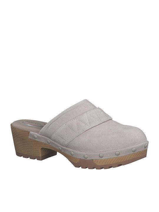 Tamaris Δερμάτινα Mules με Χοντρό Χαμηλό Τακούνι σε Μπεζ Χρώμα