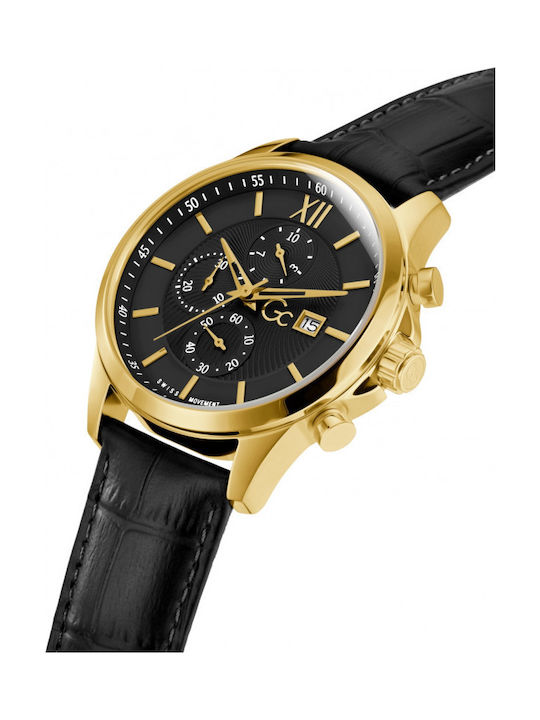 GC Watches Ανδρικό Ρολόι 44mm Χρονογράφος Μπαταρίας με Μαύρο Δερμάτινο Λουράκι