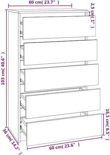 Συρταριέρα Κρεβατοκάμαρας mit 5 Schubladen Smoked Oak 60x36x103cm