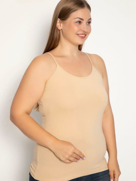 Plus Size Βαμβακερό Μπεζ Γυναικείο Φανελάκι με Τιράντα