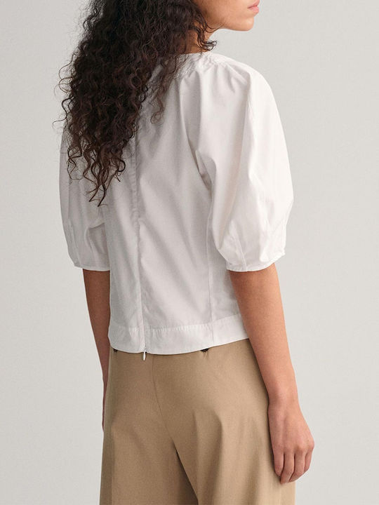 Gant Damen Sommerliche Bluse Baumwoll Kurzärmelig mit V-Ausschnitt Weiß