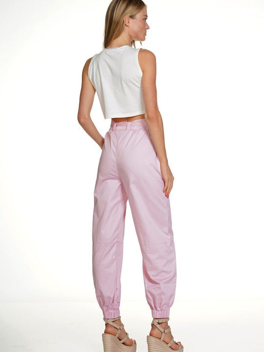 Women's Fabric Trousers with Elastic Balloon Line Pink