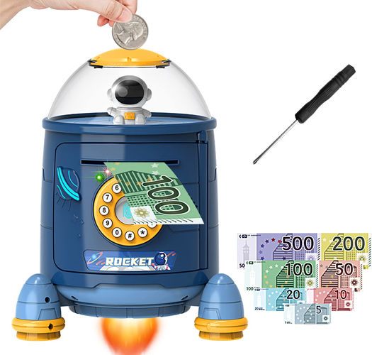 Rocket Piggy Bank Children's Money Box Plastic Blue 16x16x22cm