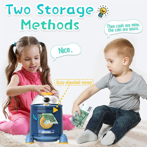Rocket Piggy Bank Children's Money Box Plastic Blue 16x16x22cm