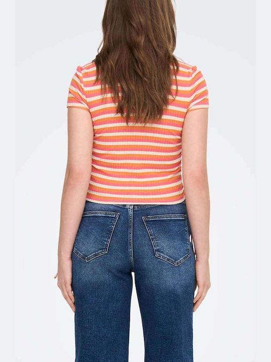 Only Damen Sommerliches Crop Top Baumwolle Kurzärmelig Gestreift Flame