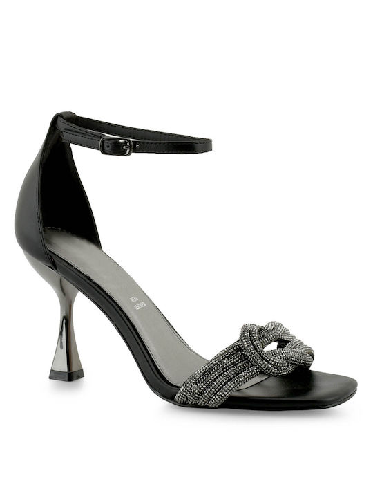 Exe Women's Sandals with Strass & Ankle Strap Black with Thin High Heel