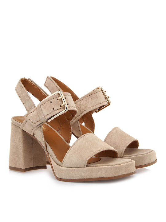 Alpe Platform Suede Women's Sandals Beige with Chunky High Heel