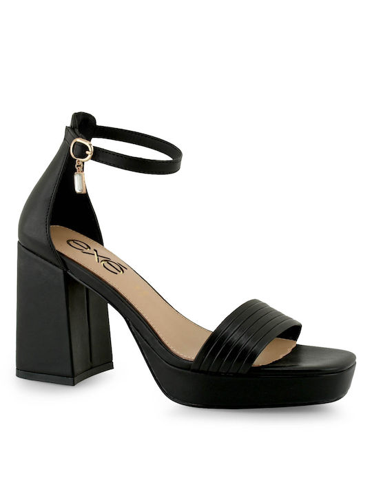 Exe Platform Women's Sandals with Ankle Strap Black with Chunky High Heel