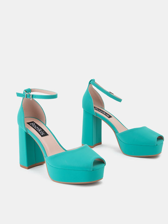 Bozikis Platform Leather Women's Sandals with Ankle Strap Turquoise with Chunky High Heel