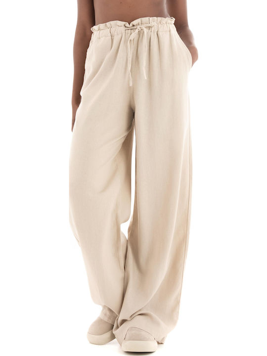 Damen Leinen Hose in Weiter Linie Ecru