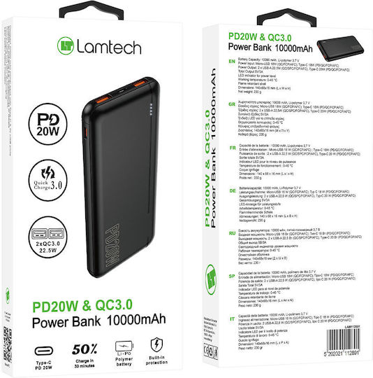Lamtech Power Bank 10000mAh 22.5W με 2 Θύρες USB-A και Θύρα USB-C Power Delivery / Quick Charge 3.0 Μαύρο