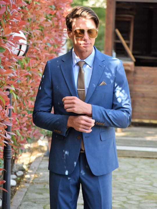 Men's suit in semi-blue line, by a Greek company, blue-tan color (code J050)