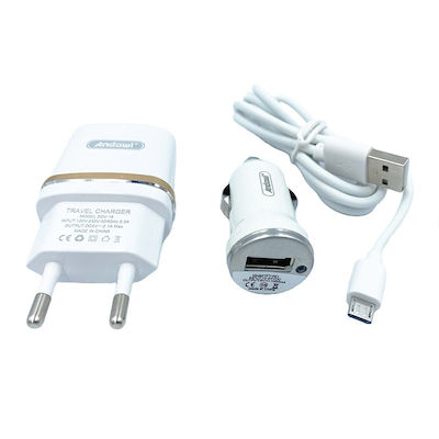 Andowl Car and Wall Set with USB-A Port and Cable micro USB White (Q-DC60A)