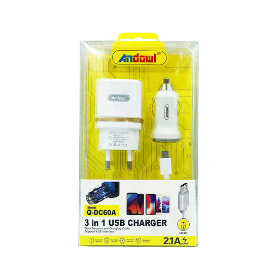 Andowl Auto- und Steckdosen-Set mit USB-A Anschluss und Kabel Micro-USB Weißs (Q-DC60A)