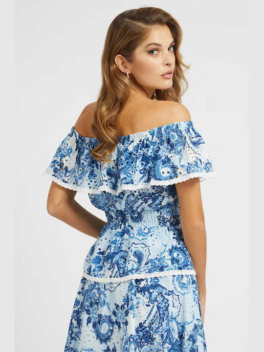 Guess Women's Summer Blouse Cotton Off-Shoulder Short Sleeve Floral Blue