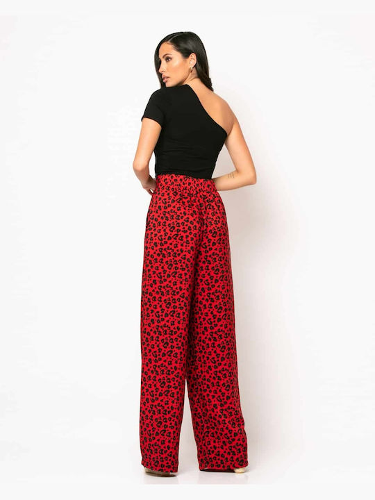 Noobass Damen Hoch tailliert Stoff Hose Leopard Rot