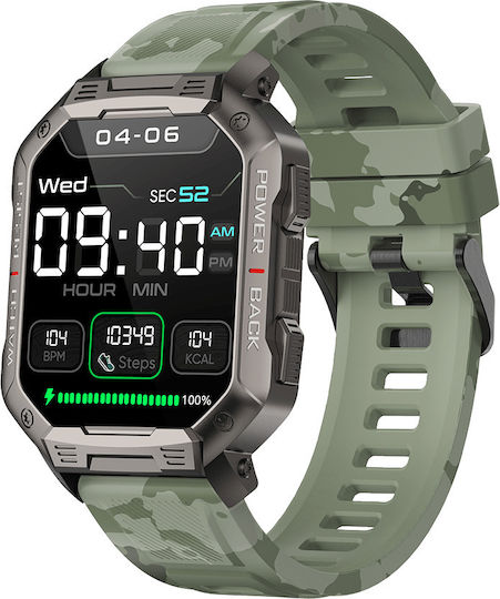 DAS.4 SG35 Smartwatch mit Pulsmesser (Black Case / Camo Green Silicone Strap)