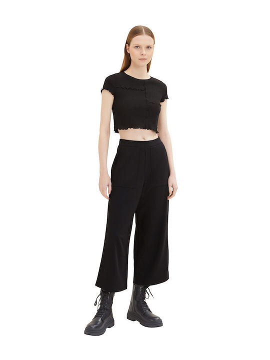 Women's Fabric Capri Trousers with Elastic Black