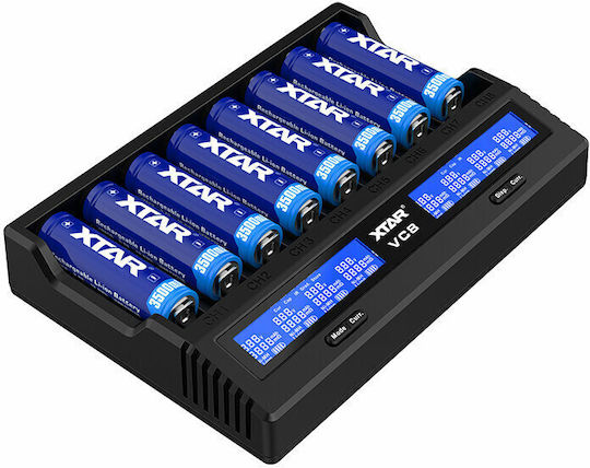 XTAR VC8 USB Зарядно 8 за батерии Li-ion/Ni-MH Размер AA/AAA/D/18650/16340/26650/14500 в Черен цвят