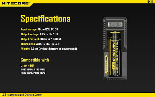 NiteCore UM10 USB Φορτιστής Μπαταριών Li-ion Μεγέθους 18650