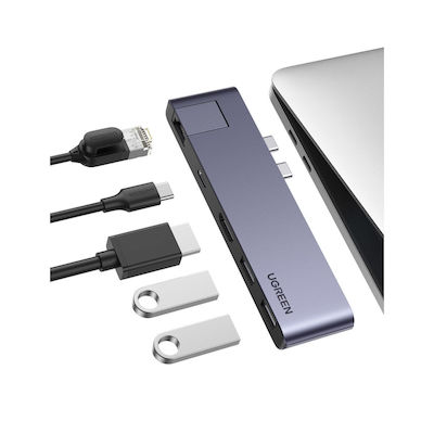 Ugreen CM218 Dual USB-C Docking Station mit HDMI 4K PD Ethernet und Verbindung 2 Monitore Silber